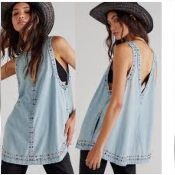Free People Studded Chambray Tunic Tank Top With Pockets Boho Open Back - Picture 13 of 13